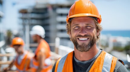 Construction workers collaborating on a sunny urban site with smiles