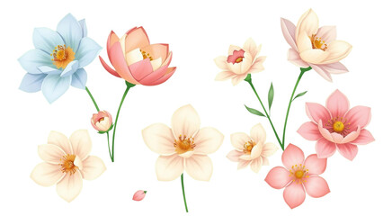  Pastellblumen in Rosa, Blau und Creme auf transparentem Hintergrund. Perfekt f&uuml;r romantische Einladungen und Scrapbooking.