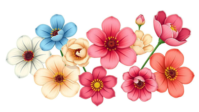 bunte Blumen in kr&auml;ftigen Farben wie Pink, Blau und Orange auf transparentem Hintergrund. Ideal f&uuml;r lebendige Designs und Drucke.