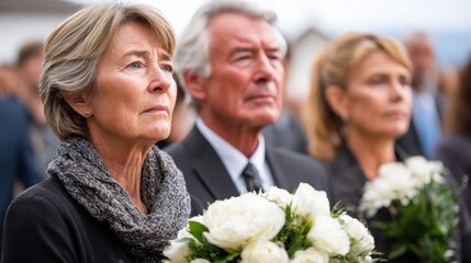 Emotional farewell at a somber gathering in a tranquil outdoor setting