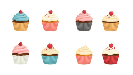 bunte Cupcakes mit Zuckerguss und Dekor auf transparentem Hintergrund. Perfekt für Backdesigns, Einladungen oder Kindergeburtstage.