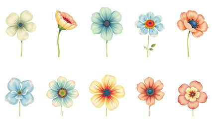 pastellige Blumen mit feinen Details in Blau, Creme und Orange auf transparentem Hintergrund. Ideal f&uuml;r Vintage-Designs und Floristik.