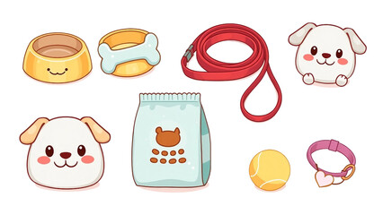 bunte Hundezubehör-Elemente wie Napf, Ball, Halsband und Knochen auf transparentem Hintergrund. Lustig und vielseitig für Haustierdesigns.