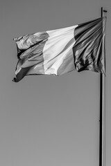 National flag of Romania flying in the wind; black and white version of the red yellow and blue flag on clear sky background