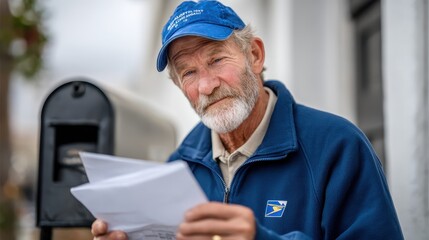 Elderly mail carrier reading letters at a charming neighborhood mailbox