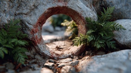 Intricate stone arch revealing a mystical forest path at dusk