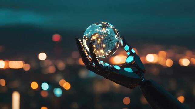 Artificial intelligence hand holding glowing earth hologram display