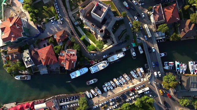 Top-down drone view of Anadolu Fortress in Istanbul&rsquo;s Asian side, surrounded by yachts, coastal homes, narrow streets, and lush greenery along the scenic Bosphorus shoreline. 4k ultrahd Turkiye