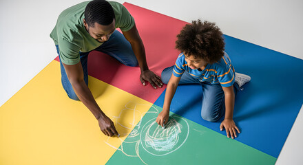 Black Father and Son Drawing Together on Colorful Mat
