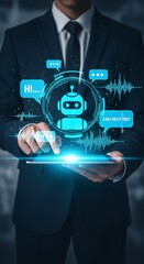 Business person interacting with virtual chatbot, AI-driven customer support technology, digital assistant interface with speech bubbles modern business and digital customer service solutions