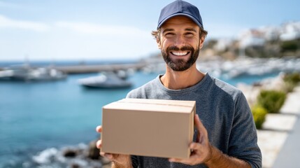 Happy delivery man sharing joy by the serene waterfront marina