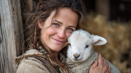 Warm embrace between a woman and a lamb in a rustic farm setting
