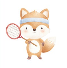 Adorable Watercolor Fox Ready for a Fun Tennis Match, Sporting a Blue Headband and a Red Racket