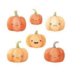 Adorable Watercolor Pumpkins A charming collection of smiling pumpkins, perfect for autumnal designs and cheerful decorations.