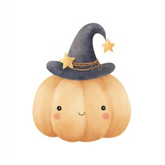 Adorable Watercolor Pumpkin Wearing a Witch Hat, Two Golden Stars Adorn the Hat, Happy Festive Halloween Clipart