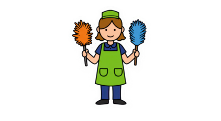 Cartoon Cleaner Character Holding Feather Dusters