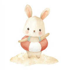 Adorable Watercolor Bunny on Beach, Wearing Life Preserver, Summer Fun
