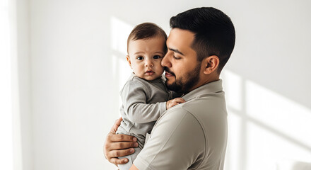 Young Father Holding Baby in Bright Natural Light
