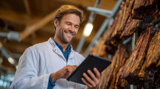 Meat specialist enjoying technology while assessing cured meats