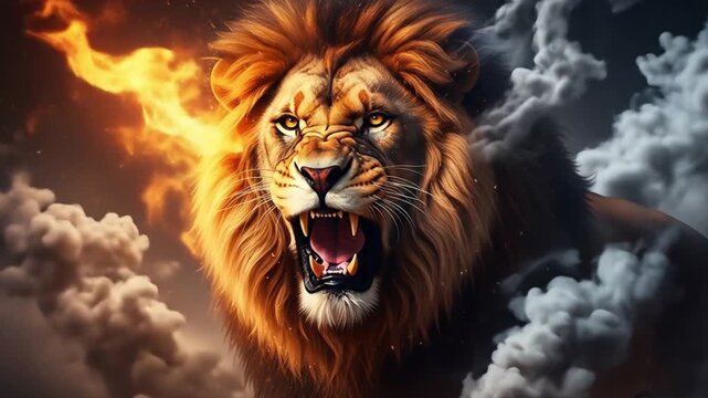 Digital art of a roaring lion engulfed in fiery smoke, perfect for fiery design elements and dramatic visual projects. Furious lion art.