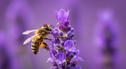 A bee collects pollen from a vibrant purple lavender flower