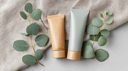 Cosmetic bottles with eucalyptus flowers towels and linen on pastel background top view flat lay natural organic skincare and spa concept perfect for beauty product branding body care wellness design