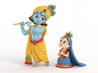 Naklejka premium Adorable Cartoon Krishna Playing Flute Beside Radha in Traditional Attire Celebrating a Devotional Hindu Festival