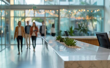Modern Office Building Lobby With People Walking Towards Reception Desk