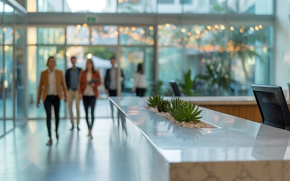 Modern Office Building Lobby With People Walking Towards Reception Desk - Powered by Adobe