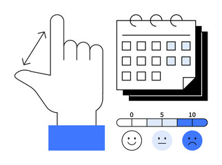 Hand pinching to indicate size, stacked calendars for schedule planning, and scale with emoticons for self-assessment. Ideal for time management, feedback, decision-making, goals, progress