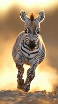 Young zebra galloping in sandy landscape
