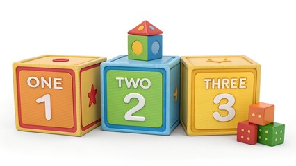Preschool number 123 block 3d icon isolated on illustration png background of one two three education cube brick concept or school learn child play toy sign and kid math count box simple study symbol.