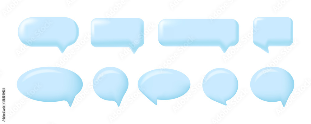 Fototapete set of blue 3d speech bubbles in various shapes, including rounded and rectangular. glossy and moder