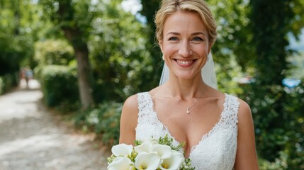 Elegant bride smiles radiantly while walking along a lush garden path
