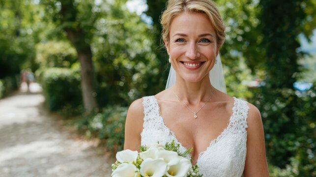 Elegant bride smiles radiantly while walking along a lush garden path
