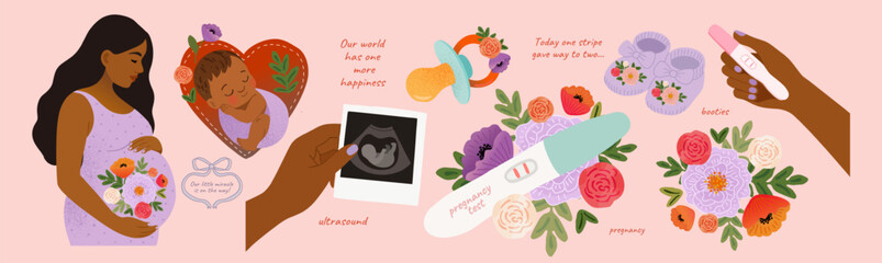 Pregnancy. Vector cute illustration of pregnant woman expectant mother, baby, heart, hand holding ultrasound photo, positive test in flowers, pacifier and booties for icons or greeting card. Newborn