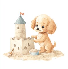 Adorable Watercolor Puppy Building a Sandcastle on the Beach, a Delightful Summer Scene
