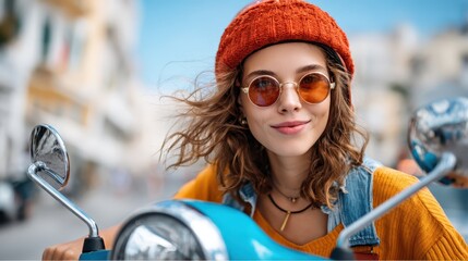 Stylish young woman enjoys a sunny day on a vintage scooter in town