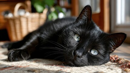 Black feline relaxes effortlessly on a cozy rug in sunlit living room
