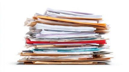 Stack of colorful documents on white background. Neural network AI generated