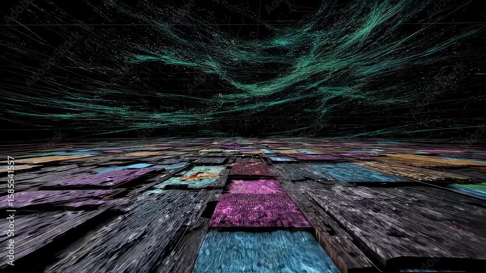 Poster colorful textured floor tiles extending towards horizon with glowing particles and network of lines 
