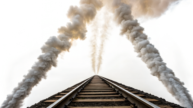 A railway track extends into the distance, surrounded by billowing clouds of smoke. The scene is set against a transparent background, emphasizing the track's perspective.