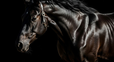 A majestic black horse, beautifully illuminated, showcasing its sleek coat and elegant head, against a dark background.