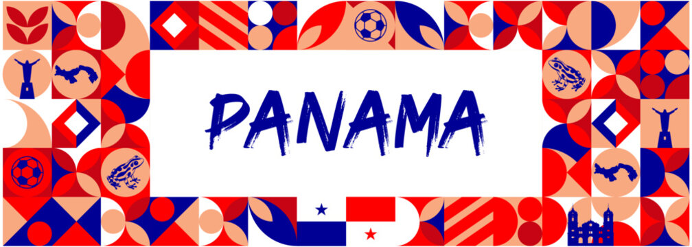 Colorful Geometric Panama Banner with Cultural Symbols and Flag Elements