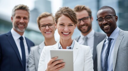 Business professionals celebrate success outdoors during a sunny day
