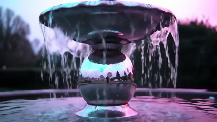 Reflective water fountain with flowing water and aesthetic pink and blue lighting in a garden at twilight - Powered by Adobe