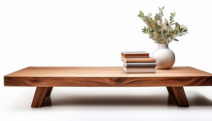 a wooden coffee table with an empty vase and books on it isolated on white or transparent background