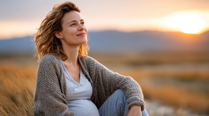 Expectant mother finds peace in nature during a golden sunset