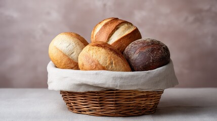 Basket filled with mixed artisan bread loaves on a light linen cloth with copy space
