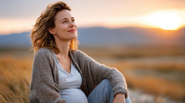 Expectant mother finds peace in nature during a golden sunset
